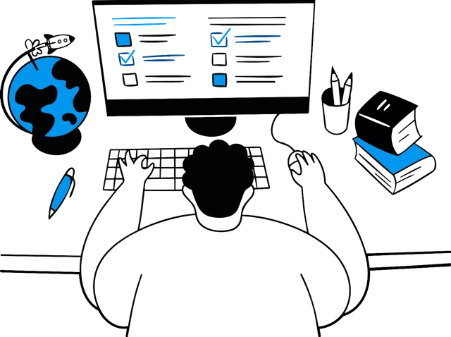 Illustration of a person building a project scope at a desk
